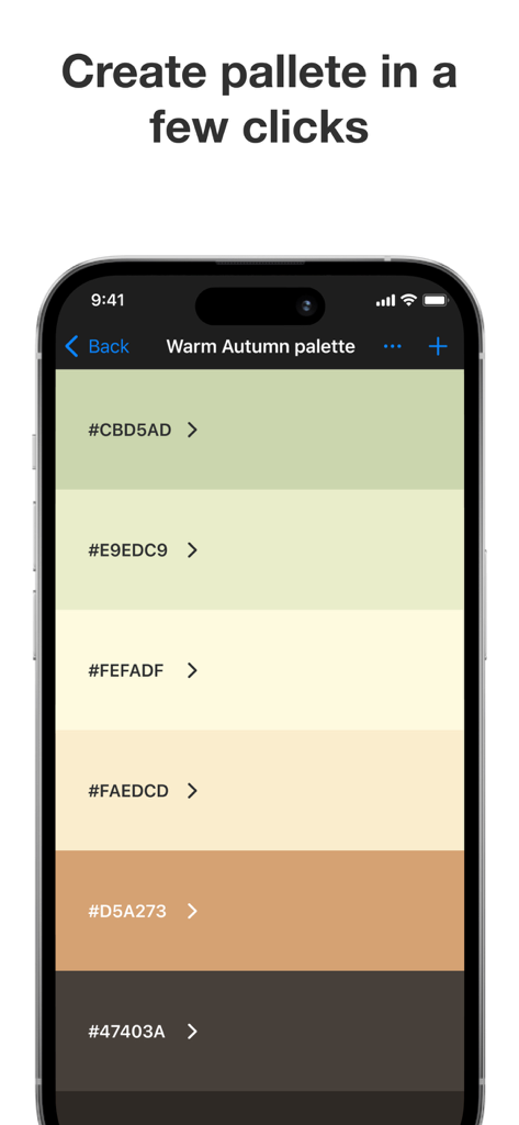 Color Identifier: Color Picker - Interfaz de una aplicación móvil que muestra una paleta de colores otoñales cálidos con códigos HEX