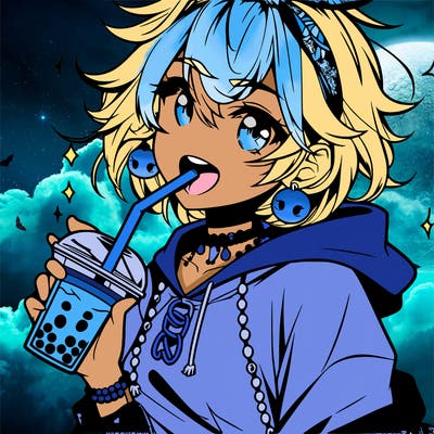 hot baddie anime girl drinking boba and biting the straw