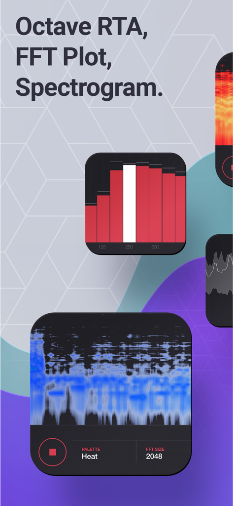 Audio Spectrum Analyzer Pro - Interface of Audio Spectrum Analyzer Pro showing octave RTA and spectrogram plots