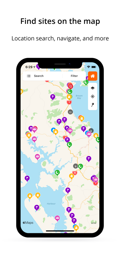 WikiCamps UK - WikiCamps UK app interface showing a map with colorful icons for campgrounds, day stops, and points of interest