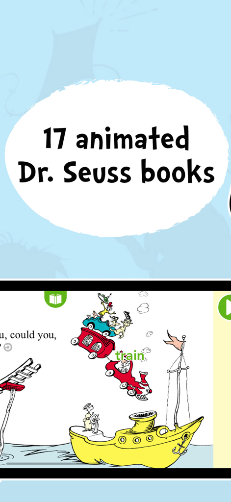 Promotional graphic showing 17 animated Dr. Seuss books with an interactive story scene featuring a yellow boat and red train