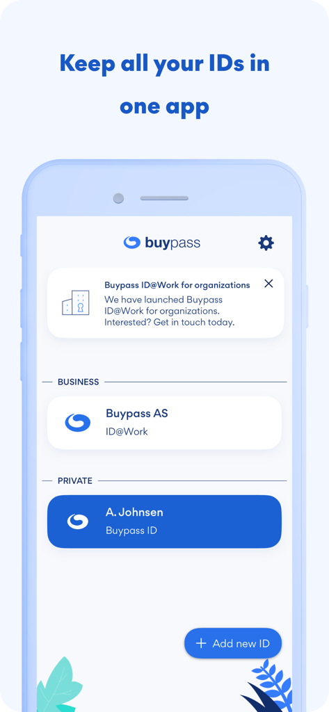 Buypass ID - Pantalla de la aplicación móvil Buypass ID mostrando un panel con tarjetas de identidad digital de negocios y privadas.