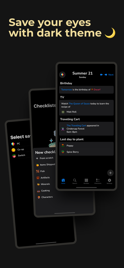 Assistant for Stardew Valley - Dark mode interface of the Assistant for Stardew Valley app showing in-game events and checklists