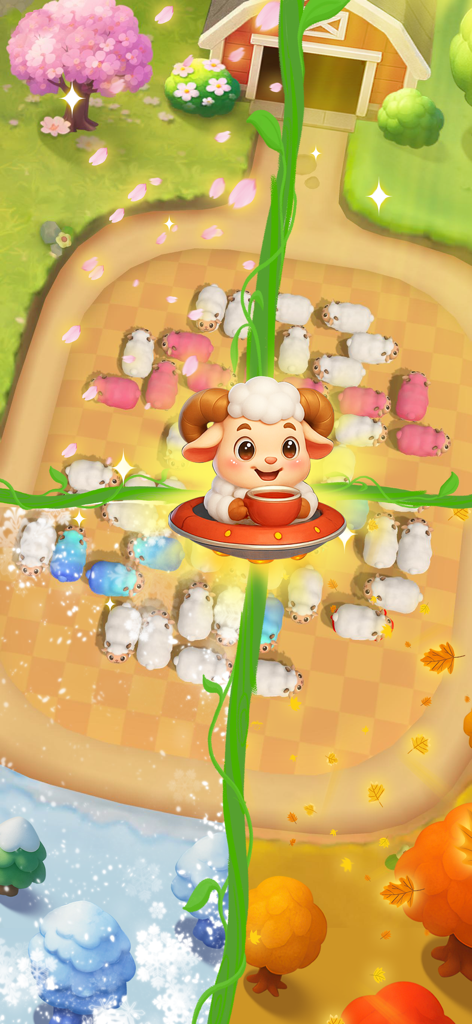 Una adorable oveja en un OVNI volando sobre un colorido nivel de puzzle de atasco de animales en Sheep Out