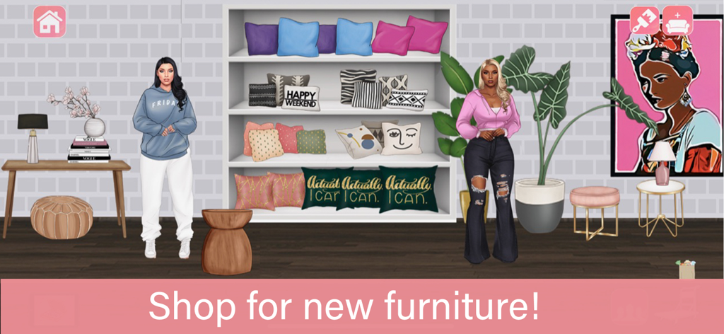Lofti: Dreamy Room Decor Game - Two characters in a stylishly decorated room with the text Shop for new furniture in Lofti