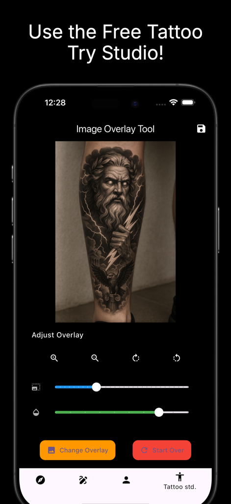 A virtual tattoo try on tool showing a Greek god design on a leg within the BlackInk app