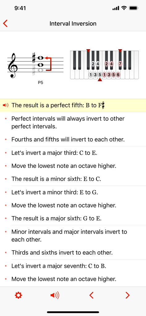 Theory Lessons - Theory Lessons app interface showing a music theory lesson on interval inversion with a piano keyboard and staff notation