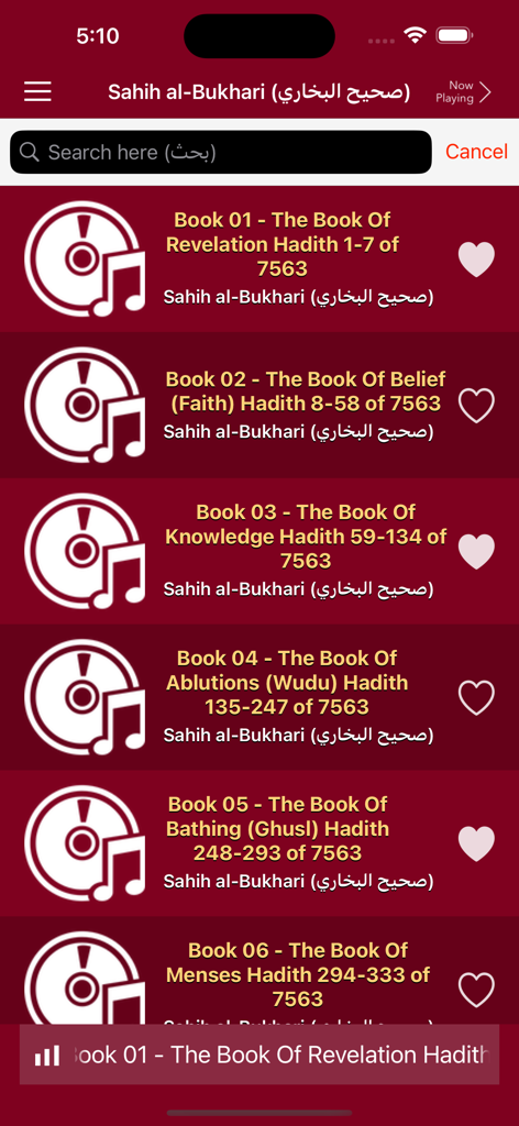 Interface of the Sahih al-Bukhari app showing audio books in English