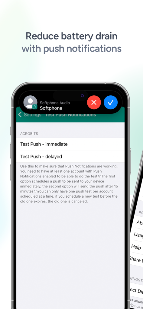 Acrobits Softphone push notification settings screen on iPhone