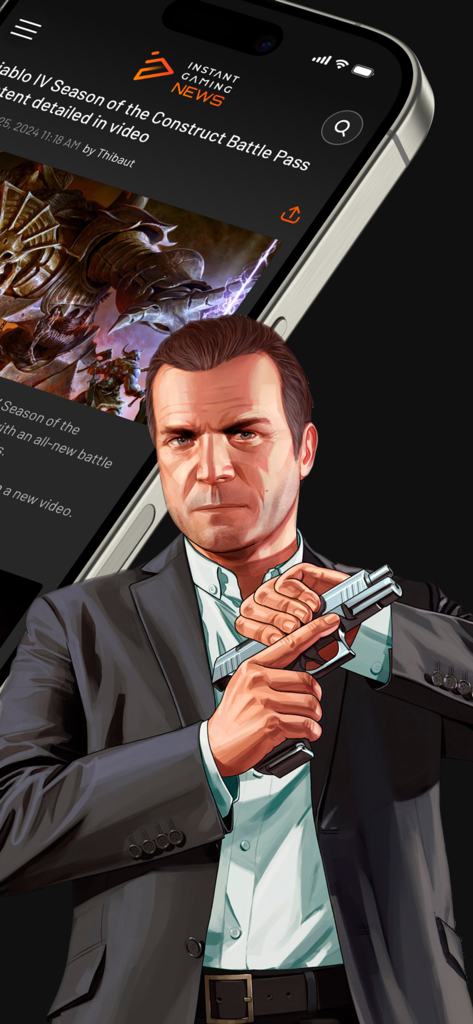 Instant Gaming News - Instant Gaming News app on an iPhone showing a Diablo IV article and GTA V artwork