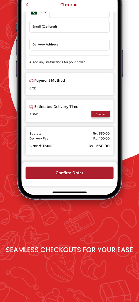 Jazeera Foods - Checkout screen of the Jazeera Foods mobile app showing delivery details and order summary