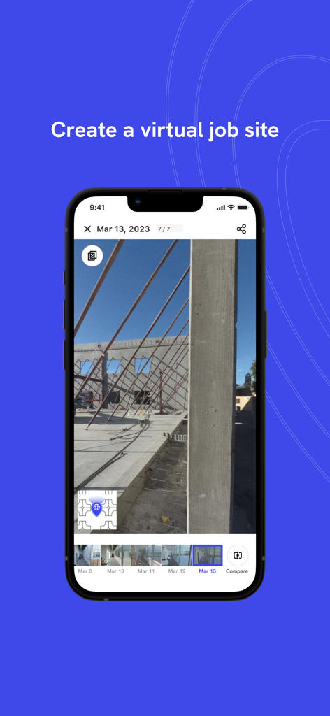 DroneDeploy Ground App - Pantalla de iPhone mostrando la aplicación DroneDeploy Ground con una foto del sitio de construcción para crear un sitio de trabajo virtual