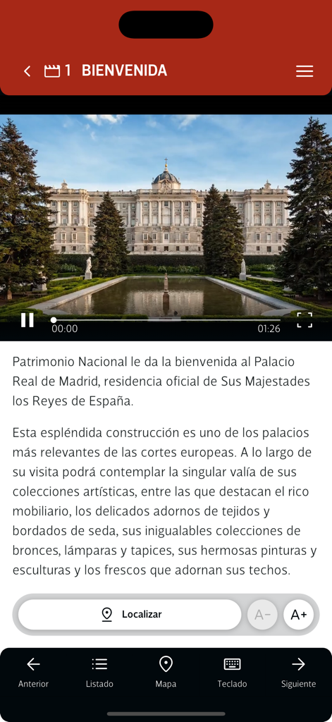 Palacio Real de Madrid - Écran de bienvenue de l'application officielle du Palais Royal de Madrid montrant l'extérieur du palais et les jardins.