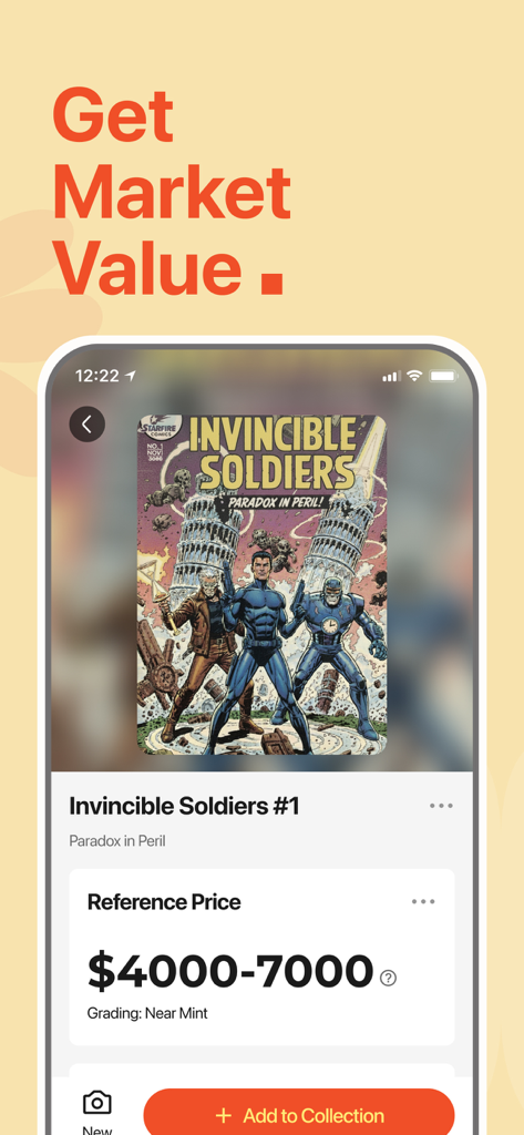 ComicSnap: Identify Comic Book - Interfaz de la aplicación ComicSnap mostrando el valor de mercado estimado y el precio de referencia para un cómic