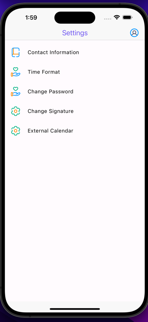 Settings menu of the StaffReady healthcare workforce management app showing options for contact info and calendar sync