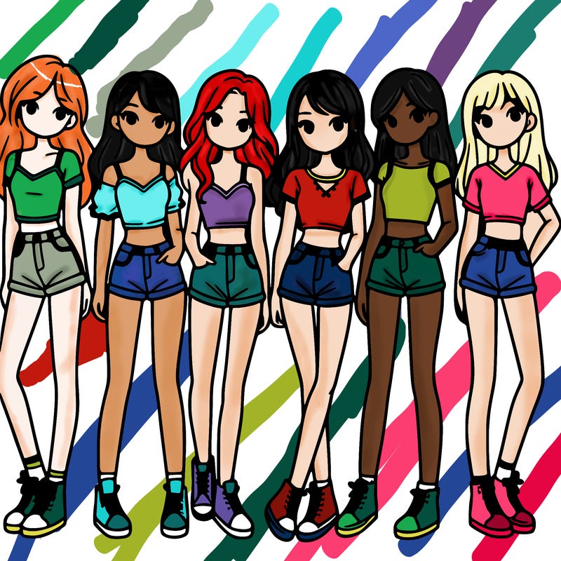 a group of girls wearing crop tops and shorts