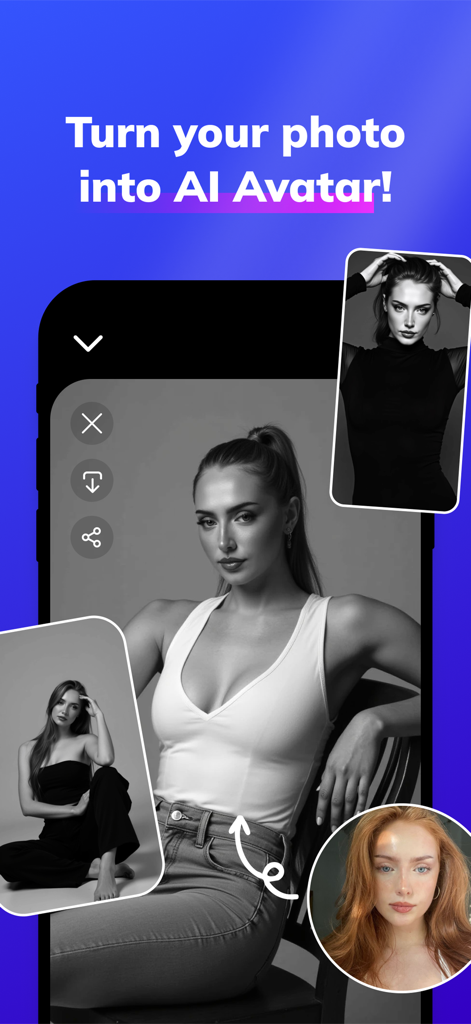 A woman portrait being transformed into professional black and white AI avatars in the Vizia app.