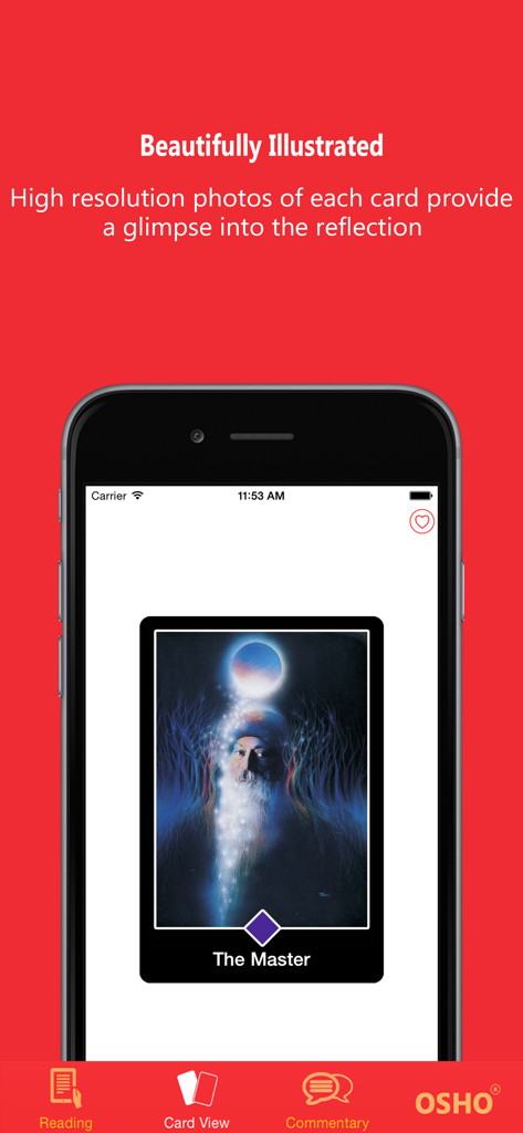 Osho Zen Tarot - A smartphone showing the Master card illustration in the Osho Zen Tarot app