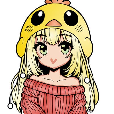 anime girl with chick shaped hat with sweater with bare shoulders with bangs covering them one eye with low tail
