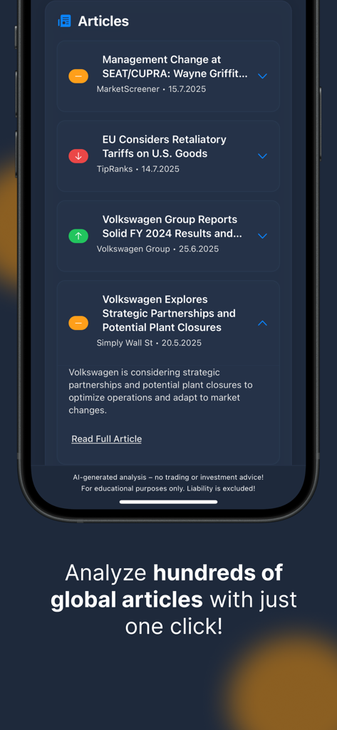 ChartDetector AI - Interfaz de la aplicación ChartDetector AI mostrando una lista de artículos de noticias financieras globales con una opción para análisis de IA.