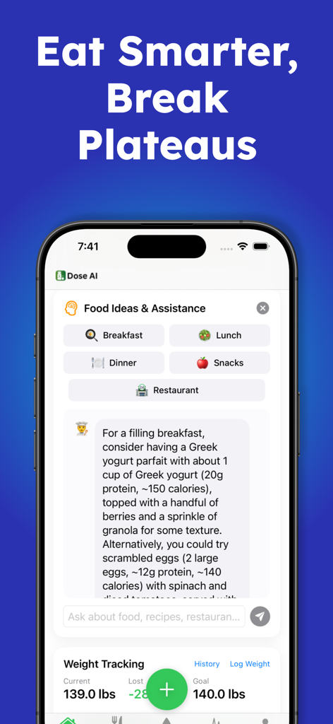 Dose AI - GLP1 Tracker - Dose AI app interface featuring AI meal suggestions and weight progress tracking
