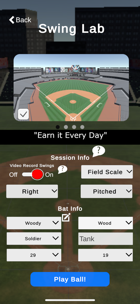 Drop N Launch - Drop N Launch Swing Lab configuration screen for baseball training session setup