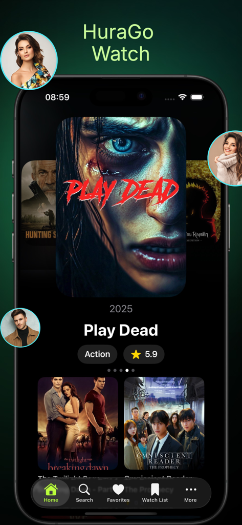 Hurawatch : Movies & Trailers - Schermata principale dell'app Hurawatch che mostra trailer di film e raccomandazioni