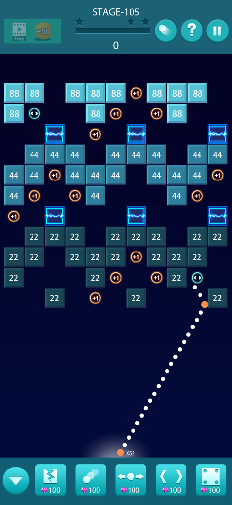 Bricks and Balls : Brick Game - A gameplay screenshot of the Bricks and Balls mobile game showing an aiming trajectory toward numbered blue bricks on stage 105.