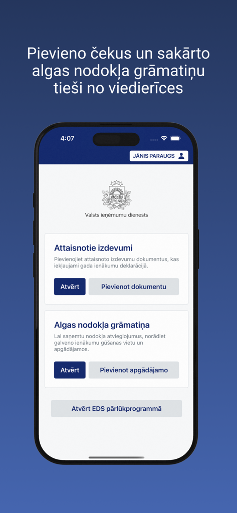 Mans VID - 税金領収書と給与税明細を管理するためのMans VIDアプリのインターフェース。