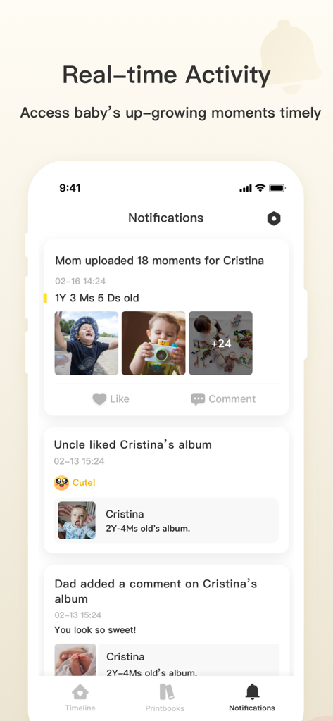 Bebememo - Smart Baby Journal - Bebememo 아기 기록장 앱에서 실시간 가족 활동 및 알림을 표시하는 스마트폰 화면