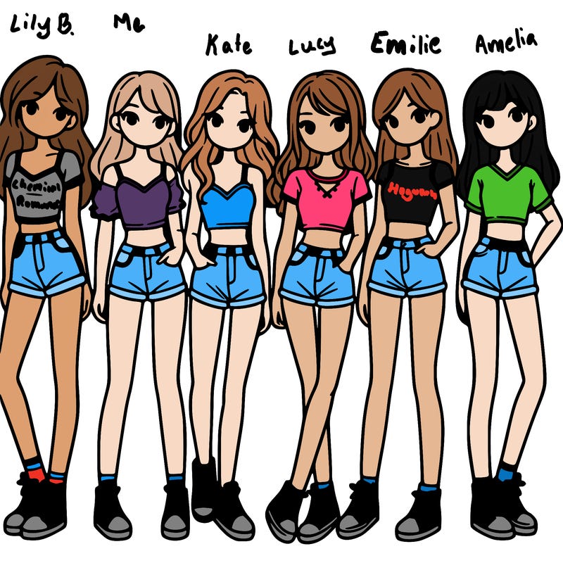 a group of girls wearing crop tops and shorts