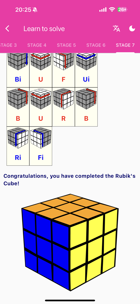 Rubik's Cube Solver & Tutorial - Rubiks Cube solver app final stage showing tutorial algorithms and a solved cube illustration