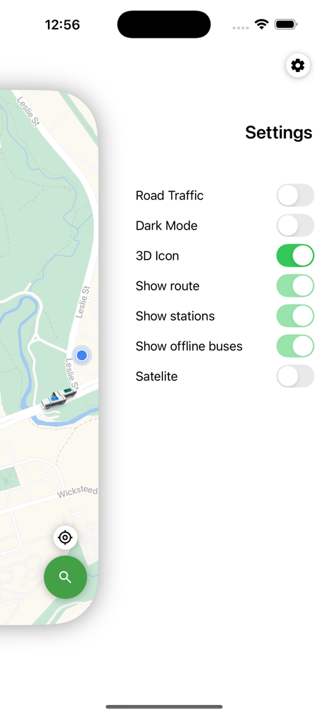 Bus is Coming - Menu des paramètres de l'application Bus is Coming affichant les options de personnalisation de la carte et les commutateurs d'affichage