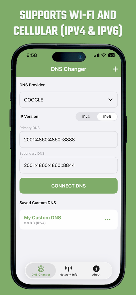 Custom DNS Changer IPV4 & IPV6 - Custom DNS Changer app interface showing IPv6 settings for Google DNS on an iPhone