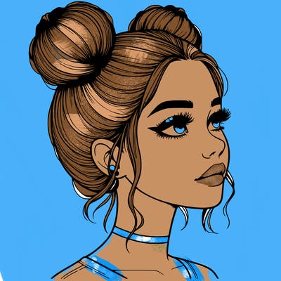 realistic girl with buns on the top of her head