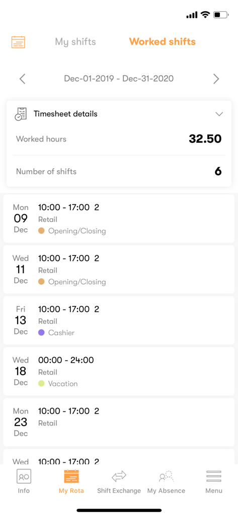 Tamigo app screen displaying a list of worked shifts and a summary of total hours for an employee