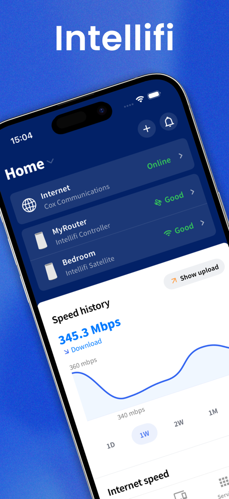 Intellifi by Adtran® - Intellifi app interface displaying home network status and download speed performance graph
