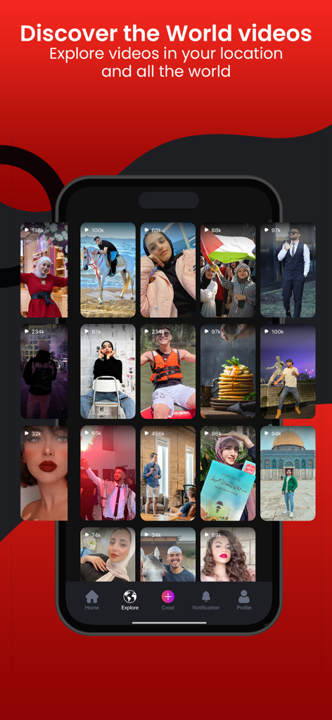 Redz: Explore content nearby - Interface of the Redz app displaying a grid of short-form videos for exploring local and global content