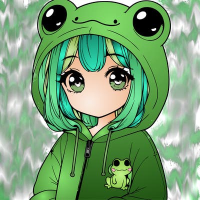 cute realistic girl in a froggy hoodie