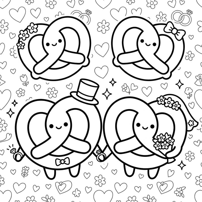 Get ready to color the sweetest celebration with our Kawaii Wedding Pretzels coloring page! These adorable, heart-filled pretzels are dressed for their special day, inviting you to add a burst of color to their romantic adventure.