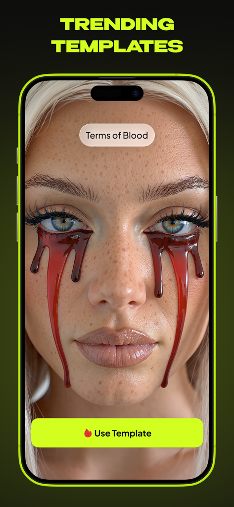 Qontrast AI: Video Generator - A mobile phone displaying a trending video template effect called Terms of Blood in the Qontrast AI app