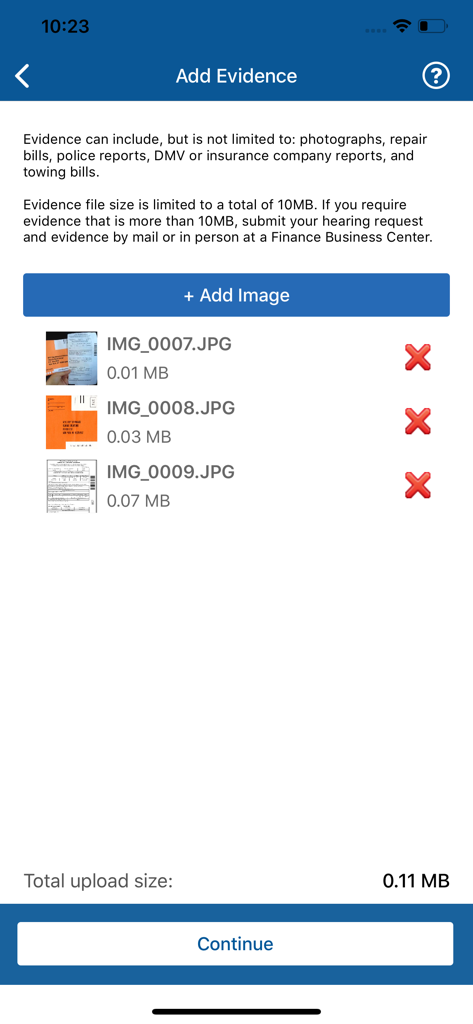 NYC Pay or Dispute - Evidence upload screen in the NYC Pay or Dispute app for parking ticket disputes