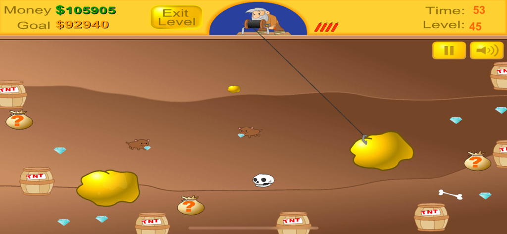 Classic Miner game screen showing a hook pulling a large gold nugget from an underground mine filled with diamonds and TNT barrels.
