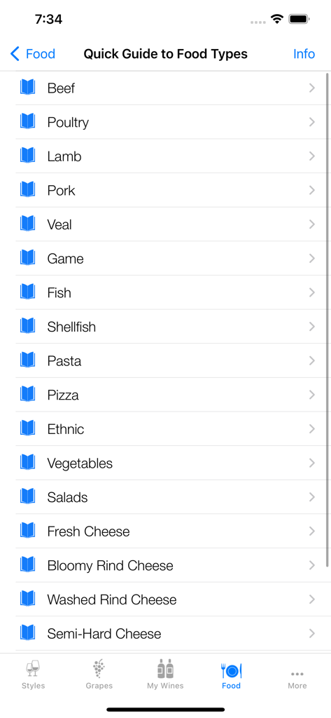 Pantalla de Guía Rápida de Tipos de Comida que enumera categorías como Carne de Res, Aves de Corral y varios quesos para maridaje de vino.