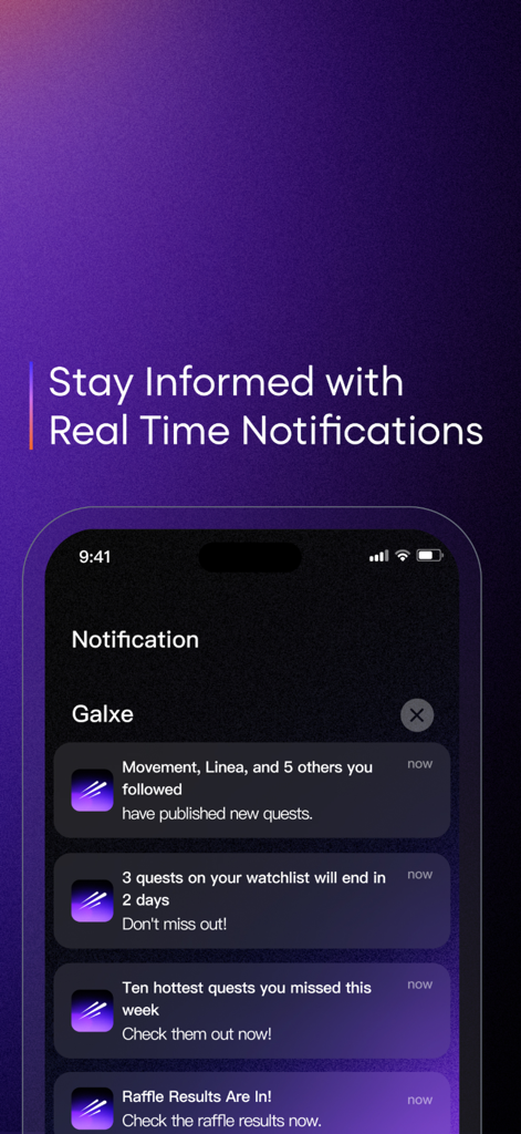 Galxe - Captura de pantalla de la aplicación Galxe mostrando notificaciones push en tiempo real para nuevas misiones y resultados de rifas