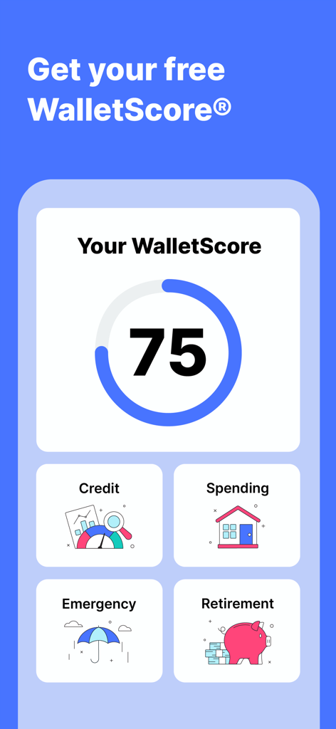 무료 WalletScore와 신용, 지출, 비상금, 은퇴 등 재무 건강 카테고리를 보여주는 WalletHub 앱 대시보드