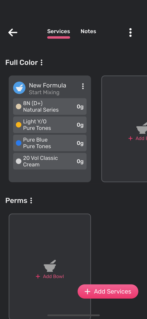 Interface de l'application Vish 2.0 montrant le mélange de formules de couleur de cheveux et la gestion des services de salon