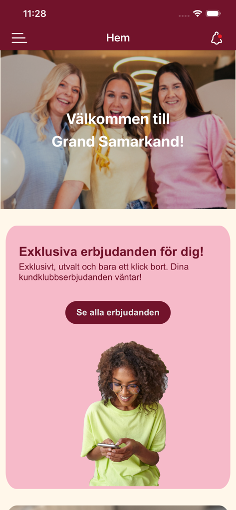 Grand Plus - Pantalla de inicio de la aplicación de fidelización Grand Plus que muestra ofertas exclusivas y un mensaje de bienvenida para el centro comercial Grand Samarkand