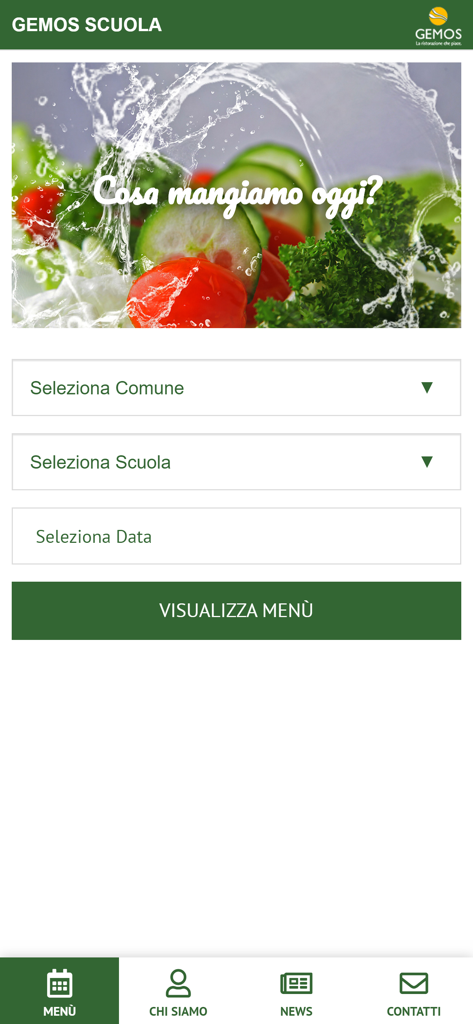 Gemos Scuola - Gemos Scuola app home screen showing selection fields for municipality, school, and date to view daily menus.