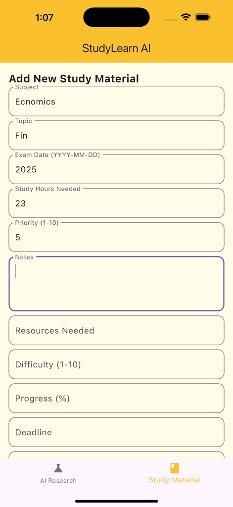 StudyLearn Ai mobile app interface showing a form to add new study material with fields for subject topic exam date and priority